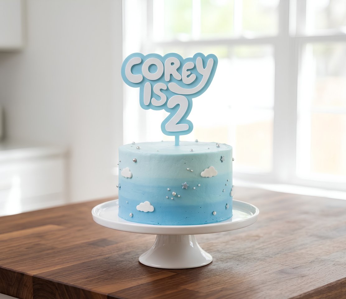 Blue and white Corey is 2 bubbly 3D cake topper