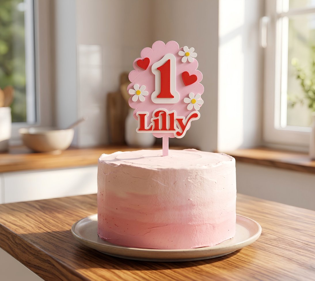 Pink scalloped cake topper with daisies, hearts and a red 1 Lilly